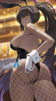 1girl absurdres alcohol animal_ears ass backless_leotard black_hair black_leotard blue_archive blurry blurry_background blush breasts champagne champagne_flute cup dark-skinned_female dark_skin drinking_glass fake_animal_ears fishnet_pantyhose fishnets gloves gradient_hair hair_between_eyes halo highleg highleg_leotard highres holding holding_tray indoors karin_(blue_archive) karin_(bunny)_(blue_archive) large_breasts leotard long_hair looking_at_viewer looking_down multicolored_hair number_tattoo official_alternate_costume pantyhose parted_lips playboy_bunny ponytail purple_hair purple_halo rabbit_ears reiji-rj revision shoulder_tattoo side-tie_leotard sidelocks solo strapless strapless_leotard tattoo teeth thong_leotard torn_clothes torn_pantyhose tray twisted_torso very_long_hair white_gloves white_wrist_cuffs wrist_cuffs yellow_eyes