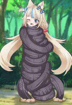 Rule 34 | 1girl, ahoge, animal ear fluff, animal ears, bad0gift, bdsm, blonde hair, blue bow, blue eyes, blue hair, blue streaks, blunt bangs, blurry, blurry background, blush, bondage, bound, bow, cat ears, commentary, constriction, d;, earthworm, fang, fish girl, foliage, forest, full body, furrowed brow, hair bow, hair ornament, heavy breathing, highres, indie virtual youtuber, lifebuoy hair ornament, long hair, looking down, low twintails, motion lines, multicolored hair, mummification (bound), nature, one eye closed, one side up, open mouth, outdoors, puff of air, restrained, sameko saba, single hair streak, solo, squeezing, streaked hair, striped bow, tied up (nonsexual), tree, trembling, twintails, two-tone hair, very long hair, virtual youtuber, worm, wrapping