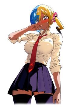 1girl 5oh5s2 absurdres aqua_hair black_thighhighs blonde_hair blue_eyes blush breasts canari_(pokemon) closed_mouth collared_shirt dark-skinned_female dark_skin highres large_breasts looking_at_viewer multicolored_hair necktie nintendo parted_lips pleated_skirt pokemon pokemon_legends:_z-a red_necktie shirt short_twintails simple_background skirt sleeves_rolled_up split-color_hair sweatdrop thighhighs twintails two-tone_hair white_background white_shirt