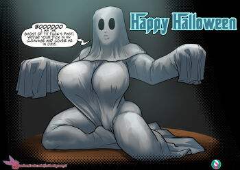 1girl artist_name breasts covered_erect_nipples english_text ghost_costume halloween_costume happy_halloween huge_breasts original rabies-t-lagomorph solo speech_bubble subscribestar_logo subscribestar_username watermark web_address