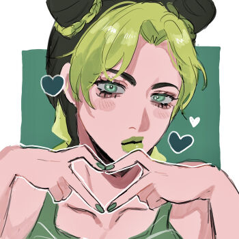 1girl bare_shoulders blush braid bun_with_braided_base collarbone cone_hair_bun curtained_hair double_bun drawn_heart four-finger_heart_hands green_background green_eyes green_lips green_nails green_tank_top green_theme hair_bun head_tilt heart heart_hands highres jojo_no_kimyou_na_bouken kuujou_jolyne looking_at_viewer matubaru_chan parted_bangs portrait solo star_(symbol) star_in_eye stone_ocean striped_tank_top symbol_in_eye tank_top