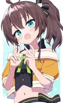 1girl :d absurdres ahoge bare_shoulders black_ribbon blue_background blue_eyes blush_stickers border brown_hair commentary_request crop_top cropped_shirt double_v hair_ribbon hands_up highres hololive kaie long_hair looking_at_viewer midriff natsuiro_matsuri navel off-shoulder_shirt off_shoulder open_mouth outside_border ponytail ribbon shirt short_sleeves smile solo star_(symbol) star_symbol_background striped_ribbon upper_body v virtual_youtuber white_border yellow_shirt