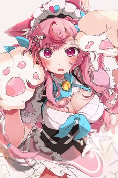 1girl animal_ears animal_hands apron blush breasts cat_ears cleavage cleavage_cutout clothing_cutout collared_dress commentary_request corset dress gloves hair_ornament hairclip highres indie_virtual_youtuber long_hair looking_at_viewer maid maid_headdress paw_gloves pink_dress pink_eyes pink_hair puffy_short_sleeves puffy_sleeves rabiina_(honey7quartz) short_sleeves solo star_(symbol) star_hair_ornament sweat tearing_up underbust very_sweaty virtual_youtuber waist_apron yuuki_sakuna yuuki_sakuna_(3rd_costume)