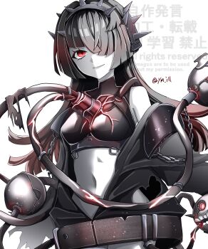 1girl absurdres abyssal_ship black_hair chain colored_skin commentary_request hair_over_one_eye hairband highres kantai_collection looking_at_viewer mu-class_light_cruiser navel off-shoulder_jacket off_shoulder pale_skin red_eyes rigging simple_background solo spiked_hairband spikes tube twitter_username upper_body white_background ym_1221