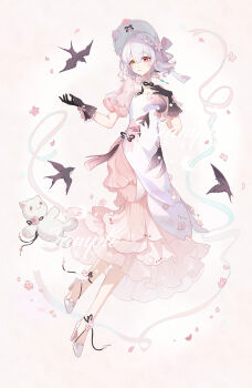 1girl absurdres bird black_gloves bonnet braid breasts cat chinese_clothes chinese_commentary commentary_request dress flower full_body gloves hand_on_own_chest hat heise_changmaomao heterochromia high_heels highres lolita_fashion looking_at_viewer original petals qi_lolita red_eyes short_hair solo swallow_(bird) white_background white_dress white_hair yellow_eyes
