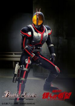 1boy antennae arm_on_knee armor battle_spirits black_bodysuit black_gloves black_helmet bodysuit breastplate commentary_request copyright_logo copyright_name copyright_notice faiz_driver faiz_pointer gloves helmet kamen_rider kamen_rider_555 kamen_rider_faiz logo nansui_kinoko official_art power_armor red_trim rider_belt solo tokusatsu yellow_eyes