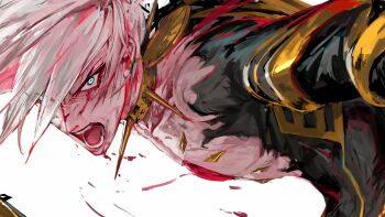 1boy angry blood blue_eyes collar egawa_akira fate/apocrypha fate_(series) highres karna_(fate) open_mouth painting_(medium) pale_skin simple_background spiked_collar spikes traditional_media white_background white_hair