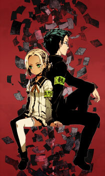 1boy 1girl absurdres armband back-to-back black_boots black_choker blonde_hair boots bunbun choker commentary_request dark-skinned_female dark_skin forehead gakuran glasses green_eyes green_hair hair_ornament hairclip hand_on_another&#039;s_hand highres invisible_chair microskirt original ponytail red_background school_uniform shirt short_ponytail sitting skirt thighhighs white_thighhighs yellow_shirt yellow_skirt zettai_ryouiki