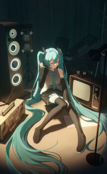 1girl absurdres aqua_hair aqua_nails aqua_necktie bare_shoulders black_sleeves closed_eyes commentary crt detached_sleeves grey_shirt hair_between_eyes hatsune_miku headset highres indoors long_hair necktie number_tattoo radio shirt sitting skirt sleeveless sleeveless_shirt solo speaker tattoo thighhighs twintails very_long_hair vocaloid yuanjya