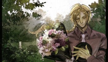 Rule 34 | 1boy, bicep strap, black hat, blonde hair, bouquet, closed eyes, closed mouth, fingernails, flower, gold ring, hair between eyes, hashtag-only commentary, hat, highres, holding, holding bouquet, holding unworn clothes, holding unworn hat, hugo vlad, jewelry, long hair, male focus, mole, mole under eye, multiple rings, necktie, outdoors, pillarboxed, pink flower, pointy ears, purple necktie, purple shirt, qurravis, ring, shirt, solo, tree, unworn hat, unworn headwear, upper body, white flower, zenless zone zero