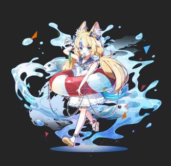 1girl animal_ear_fluff animal_ears bare_arms black_background blonde_hair blue_eyes blue_hair blue_sailor_collar cat_ears commentary dress fins fish fish_girl fish_tail flat_chest food food_in_mouth highres indie_virtual_youtuber innertube lifebuoy lifebuoy_hair_ornament long_hair looking_at_viewer low_twintails mouth_hold multicolored_hair popsicle popsicle_in_mouth sailor_collar sameko_saba sia_6767 solo streaked_hair swim_ring tail twintails very_long_hair virtual_youtuber white_dress