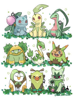 :3 ;d animal_focus bayleef closed_eyes closed_mouth dartrix fang floragato full_body gen_1_pokemon gen_2_pokemon gen_3_pokemon gen_4_pokemon gen_5_pokemon gen_6_pokemon gen_7_pokemon gen_8_pokemon grotle grovyle highres holding ivysaur looking_at_viewer nintendo no_humans one_eye_closed open_mouth pink_eyes pokemon pokemon_(creature) quilladin red_eyes saki_pokeoekaki servine simple_background sitting smile teeth thwackey twitter_username unown unown_! unown_a unown_k unown_s unown_u upper_teeth_only waving white_background yellow_eyes