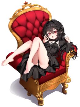 Rule 34 | 1girl, absurdres, armchair, barefoot, black dress, black hair, black panties, blush, breasts, chair, commission, dress, earrings, eyebrows hidden by hair, fellatio gesture, full body, hair between eyes, highres, jewelry, kiari art, knees up, large variant set, long hair, looking at viewer, original, panties, pantyshot, red eyes, simple background, sitting, small breasts, toes, underwear, variant set