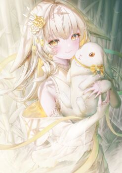 1girl animal animal_ears blonde_hair blush closed_mouth commentary_request dress flower hair_flower hair_ornament highres holding holding_animal long_hair long_sleeves looking_at_viewer nail_polish original rabbit rabbit_ears rose sensitive smile solo white_dress yellow_eyes yellow_nails yuubarish