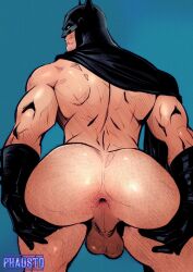 Rule 34 | 1boy, absurdres, anus, artist name, ass, bara, batman, batman (series), blue background, cape, covered eyes, dc comics, gloves, hairy, highres, huge ass, looking at viewer, looking back, male focus, manly, mask, mature male, muscular, muscular male, phaustok, signature, simple background, smirk, solo, spread ass, spread legs, testicles, thick arms, thick thighs, thighs