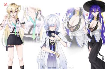 3girls aqua_necktie black_gloves black_hat black_skirt blonde_hair commentary_request dress earrings gloves gradient_clothes gradient_dress hair_intakes hair_ornament hair_over_one_eye hat highres id_card jacket jewelry long_hair lucilla_(wuthering_waves) lynae_(wuthering_waves) mole mole_under_eye mornye_(wuthering_waves) multiple_girls necktie nl_p168 purple_dress purple_hair see-through_body shirt shirt_tucked_in skirt skull_hair_ornament star_(symbol) star_earrings thighlet triangle_earrings white_hair white_jacket white_shirt wuthering_waves