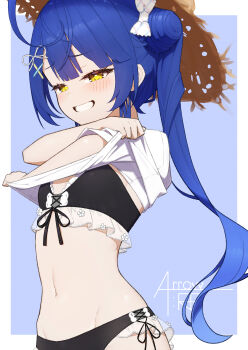 1girl absurdres amamiya_kokoro amamiya_kokoro_(7th_costume) bikini black_bikini blue_hair blush breasts commentary_request frilled_bikini frills hat highres hip_bones long_hair looking_at_viewer lunch_boxer navel nijisanji shirt small_breasts smile solo straw_hat swimsuit twintails undressing virtual_youtuber white_shirt yellow_eyes