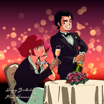 Rule 34 | 00s, 80s, alcohol, birthday, bow, bowtie, bracelet, chair, champagne, champagne bottle, champagne glass, city lights, english text, fashion, fishnet gloves, fishnets, flower, formal clothes, gloves, gloves, gundam, gundam zz, haman karn, happy, jewelry, judau ashta, lips, lipstick, makeup, napkin, necklace, oldschool, one eye closed, red lips, retro artstyle, rose, smile, suit, table, table cloth, text focus, wink