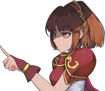 Rule 34 | absurdres, armor, armored dress, breastplate, brown hair, cape, chest guard, commentary request, corset, doppelganger arle, dra combo, dress, half updo, hand guard, highres, looking to the side, madou monogatari, pauldrons, pointing, ponytail, puyopuyo, puyopuyo n, red armor, red cape, red eyes, short hair, shoulder armor, sidelocks, simple background, tiara, white corset