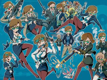 Rule 34 | 2boys, 2girls, ammunition, ammunition belt, amt hardballer, baneposting (meme), beretta m93r, black pantyhose, blue background, blue jacket, blue necktie, blue skirt, brown hair, browning m1919, central intelligence agency, cigarette, coat, combat shotgun, dark-skinned female, dark skin, dr. strangelove, drugged, drugs, dual-mode shotgun, extended magazine, firing, glasses, green coat, green hair, green jacket, green skirt, gun, h&amp;k mp5, h&amp;k mp5k, handgun, high-capacity magazine, highres, jacket, lsd, machine gun, medium machine gun, meme, military uniform, mind control, mkultra, monitor, multiple boys, multiple girls, multiple views, necktie, nico jiang, office lady, pantyhose, pencil skirt, pistol, pump-action shotgun, pump action, revolver, semi-automatic shotgun, shirt, shotgun, skirt, smoking, snubnosed revolver, spas-12, submachine gun, suppressor, we love cold war, weapon, weapon request, white shirt, witness holes