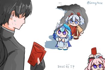 1boy 2025 3girls :3 alternate_costume arms_up black_hair black_jacket blue_eyes blue_hair blue_veil camellya_(wuthering_waves) chinese_clothes closed_mouth commentary encore_(wuthering_waves) english_commentary envelope hair_ribbon highres holding holding_envelope hongbao jacket lennykaise long_hair looking_at_another male_rover_(wuthering_waves) mini_person minigirl multiple_girls people pink_hair pink_pupils purple_eyes red_ribbon ribbon rover_(wuthering_waves) shorekeeper_(wuthering_waves) short_twintails smile twintails twitter_username two-tone_veil veil white_hair white_veil wuthering_waves