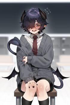 1boy black_hair black_nails black_shorts black_socks black_tail blush cardigan chair commentary demon_boy demon_horns demon_tail demon_wings fingernails freckles glasses grey_cardigan hair_over_one_eye half-closed_eyes highres holding_own_arm horns in_(ain) indoors looking_to_the_side low_wings male_focus necktie nose_blush original paid_reward_available parted_lips pointy_ears red_necktie round_eyewear school school_chair school_uniform sharp_fingernails shirt short_hair shorts sitting sleeves_past_wrists socks solo sweatdrop tail tareme thighs variant_set white_shirt wing_collar wings