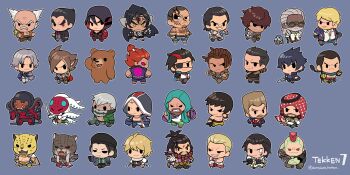1girl 6+boys akuma_(street_fighter) american_flag american_flag_print androgynous angry armor_king arms_at_sides balding baseball_bat beard beard_over_mouth black_coat black_facial_hair black_gloves black_hair black_hat black_necktie black_pants black_wings blonde_facial_hair blonde_hair blue_background blue_coat blue_hoodie bob_(tekken) boxing_gloves bracelet braid braided_ponytail brown_facial_hair brown_hair bryan_fury camouflage camouflage_pants cane chibi claudio_serafino claws cleft_chin clenched_hand closed_mouth coat coat_on_shoulders connected_beard copyright_name craig_marduk crossed_arms cyborg dark-skinned_male dark_skin devil_jin dreadlocks eddy_gordo everyone eyepatch facial_hair facial_mark facial_tattoo fahkumram feng_wei fighting_stance fingerless_gloves flag_print forehead_jewel frown full_beard ganryu_(tekken) geese_howard gigas_(tekken) gloves green_coat green_pants grey_facial_hair grey_hair grey_jacket grey_pants grimace grin gun hair_between_eyes hair_slicked_back hat hawaiian_shirt heterochromia highres holding holding_baseball_bat holding_cane holding_gun holding_sword holding_weapon hood hood_up hoodie hwoarang_(tekken) jack-7 jacket jaguar_boy jewelry kazama_jin keffiyeh king_(tekken) kotomaru_(kotokoto_kottan) kuma_(tekken) lars_alexandersson lee_chaolan lei_wulong leo_kliesen leroy_smith looking_ahead looking_back looking_to_the_side male_focus marshall_law mask miguel_caballero_rojo mishima_heihachi mishima_kazuya mohawk multicolored_hair multiple_boys mustache necklace necktie negan_smith noctis_lucis_caelum open_clothes open_coat open_vest orange_hair outstretched_arms pants paul_phoenix pectorals ponytail purple_gloves purple_hair red_eyes red_hair red_necktie scar scar_across_eye scar_on_chest scar_on_face scar_on_forehead scar_on_mouth sergei_dragunov shaheen shirt short_hair sideburns skull_print smile smug solid_oval_eyes sparse_stubble spiked_bracelet spikes steve_fox streaked_hair sugar_(tekken) sunglasses sword tattoo tekken tekken_7 thick_eyebrows topknot topless_male twitter_username v-shaped_eyebrows vest weapon white_coat white_shirt wings yellow_eyes yellow_pants yoshimitsu_(namco)