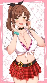 1girl animal_print bead_bracelet beads belt black_choker bra bracelet breast_pocket breasts brown_hair choker cleavage collarbone collared_shirt commentary_request commission cowboy_shot crop_top front-tie_top gyaru hair_ribbon hands_up heart heart_choker highres jewelry kogal large_breasts leopard_print leopard_print_bra long_hair looking_at_viewer midriff miniskirt mole mole_under_eye navel open_mouth original pink_bra plaid_clothes plaid_skirt pleated_skirt pocket ponytail print_bra red_skirt ribbon scrunchie shirt short_sleeves skeb_commission skirt smile solo stomach surippa1010 tied_shirt unbuttoned unbuttoned_shirt underwear white_shirt wrist_scrunchie yellow_eyes