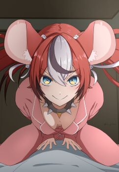 1girl 1other absurdres alternate_costume animal_ear_fluff animal_ears arm_support bed_sheet black_hair black_streaks blue_eyes blush breasts cheese collar commentary dice_hair_ornament double-parted_bangs downblouse extended_downblouse food good_morning_my_brother_(meme) hair_between_eyes hair_ornament hakos_baelz highres hololive hololive_english leaning_forward looking_at_viewer medium_breasts meme mouse_ears mouse_tail multicolored_hair no_bra pajamas pink_pajamas red_hair scene_reference sitting sitting_on_person smile soup_(soupysoull) spiked_collar spikes straddling tail twintails uneven_twintails v-shaped_eyebrows virtual_youtuber white_hair