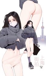 Rule 34 | 1girl, ass, black eyes, black hair, building, coat, commentary request, full body, grey jacket, highres, hitomi o, jacket, leggings, long hair, long sleeves, lower body, mask, mouth mask, multiple views, navel, original, puffy long sleeves, puffy sleeves, ribbed socks, simple background, skin tight, skindentation, sleeves past wrists, standing, stomach, translation request, white background, white leggings, white mask, winter clothes, winter coat