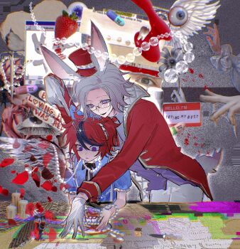 2boys alice&#039;s_adventures_in_wonderland alice_(alice_in_wonderland) alice_(alice_in_wonderland)_(cosplay) animal_ears aotsuki_eito black_hair black_ribbon blue_eyes blue_shirt chinese_commentary commentary_request cosplay drooling english_text eyeball eyelashes food fruit glasses gloves grey_hair hat highres i-hhdheheda jacket kemonomimi_mode male_focus mini_hat mini_top_hat mouth_drool multicolored_hair multiple_boys name_tag neck_ribbon open_clothes open_jacket open_mouth pants pill puffy_short_sleeves puffy_sleeves purple_eyes purple_vest rabbit_boy rabbit_ears rabbit_tail red_hair red_hat red_jacket ribbon shirt short_hair short_sleeves smile strawberry streaked_hair sumino_takumi tail the_hundred_line_-last_defense_academy- top_hat two-tone_hair vest weirdcore white_gloves white_pants white_rabbit_(alice_in_wonderland) white_rabbit_(alice_in_wonderland)_(cosplay) wide-eyed window_(computing)