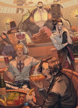 Rule 34 | 6+boys, anchor tattoo, bare pectorals, black hair, black jacket, blonde hair, bottle, chest hair, chest tattoo, commentary, eating, edward newgate, facial hair, food, freckles, goatee stubble, highres, holding, hot dog, izou (one piece), jacket, log pose, looking at viewer, male focus, marco (one piece), meat, multiple boys, one piece, pectorals, pompadour, portgas d. ace, stubble, symbol-only commentary, tattoo, tentaro en, thatch (one piece), vista (one piece)