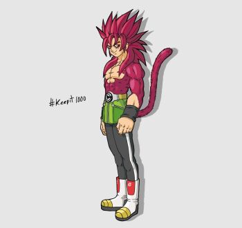 1boy alternate_form belt black_pants boots character_request degodraws dragon_ball dragon_ball_age_1000 dragon_ball_daima full_body grey_background hashtag-only_commentary looking_at_viewer medium_hair monkey_tail muscular muscular_male pants red_eyes red_fur red_hair red_tail simple_background solo spiked_hair super_saiyan super_saiyan_4 tail topless_male white_boots