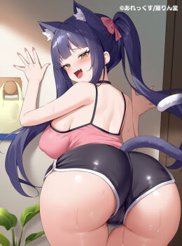 1girl alexmaster animal_ear_fluff animal_ears ass back bare_arms black_shorts blush bow breasts camisole cat_ears cat_girl cat_tail hair_bow huge_breasts long_hair looking_at_viewer nape naughty_face original pink_bow pink_camisole plant potted_plant purple_eyes purple_hair short_shorts shorts shoulder_blades sideboob sidelocks solo standing tail thighs twintails