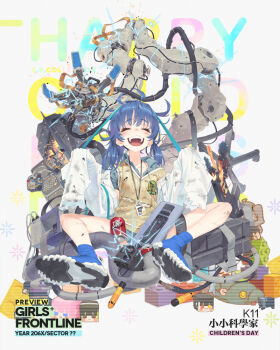 1girl 20x30mm_lv 20x30mm_lv_heab_k167 :d ^_^ aged_down airburst_grenade_launcher airburst_round ammunition anti-materiel_cartridge assault_rifle bandaid bandaid_on_knee bandaid_on_leg beige_vest black_shorts blouse blue_boots blue_hair blue_shirt blush bolt-action_grenade_launcher bolt_action boots breasts broken bulletproof_vest bullpup burst_fire_gun burst_fire_rifle calculator can cannon_cartridge carbine character_name closed_eyes coat collared_shirt computer computer_tower computerized_scope cooking_off daewoo_k11 damaged destruction dirty dr_pepper drink_can electricity embers explosion explosive facing_viewer female_focus fire fragmentation_grenade fragmentation_warhead full_body girls'_frontline glasses grenade grenade_cartridge grenade_launcher gun hair_between_eyes hair_ornament high-explosive_airburst_round high-explosive_cartridge holding holding_magazine_(weapon) k11_(girls'_frontline) k11_(lil'_scientist)_(girls'_frontline) keyboard lab_coat ladic long_hair long_sleeves low_twintails magazine_(weapon) malfunction messy_hair military_cartridge multi-weapon multimeter multiple-barrel_gun official_alternate_costume official_art open_clothes open_coat open_mouth precision-guided_firearm precision-guided_munition purple_eyes rifle scope shirt short-barreled_rifle shorts side_ponytail sidelocks sight_(weapon) sitting sleeves_past_fingers sleeves_past_wrists smart_grenade smart_scope smile smoke soda_can solo sparks subsonic_ammunition telescopic_sight thermal_weapon_sight twintails underbarrel_assault_rifle underbarrel_rifle watch weapon white_coat wristwatch x_hair_ornament