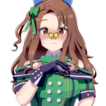 Rule 34 | 1girl, animal ears, black gloves, blush, brown hair, bug, butterfly, buttons, commentary request, dress, ear covers, gloves, green dress, highres, horse ears, horse girl, hu-min (okok6341), insect, king halo (king of emeralds) (umamusume), king halo (umamusume), off-shoulder dress, off shoulder, short sleeves, solo, sweat, umamusume, upper body, wavy hair, white background