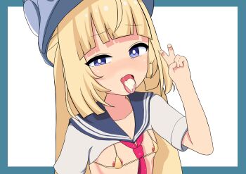 1girl absurdres bikini blonde_hair blue_border blue_eyes blue_hat blue_sailor_collar blunt_bangs blush border breasts bright_pupils collarbone commentary covered_erect_nipples cum cum_in_mouth cum_on_tongue flat_chest gold_bikini hat highres loli long_hair looking_at_viewer micro_bikini mihoyo neckerchief necktie nipple_slip nipples norma_hollowell open_mouth outside_border red_necktie redpmb sailor sailor_collar school_uniform serafuku shirt short_sleeves shrug_(clothing) simple_background small_breasts solo swimsuit tears tongue tongue_out upper_body v white_background white_border white_shirt yellow_bikini zenless_zone_zero