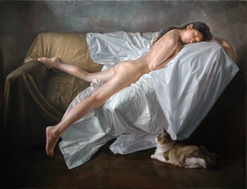 1girl animal arm_up ass barefoot bed_sheet black_hair cat closed_eyes closed_mouth commentary_request completely_nude couch full_body hand_up kasumi_kaworu long_hair lying nude oil_painting_(medium) on_couch on_stomach original painting_(medium) sleeping solo traditional_media