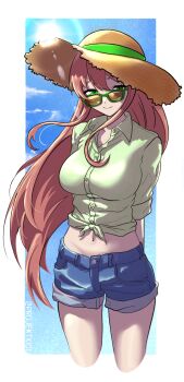 1girl arms_behind_back blue_background blue_shorts border breasts closed_mouth collared_shirt commentary cropped_legs doki_doki_literature_club english_commentary green-framed_eyewear green_eyes green_shirt hat highres jason_viera large_breasts long_hair looking_at_viewer midriff monika_(doki_doki_literature_club) navel orange_hair outside_border shirt short_shorts shorts smile solo sun sun_hat sunglasses tied_shirt tinted_eyewear white_border yellow-tinted_eyewear