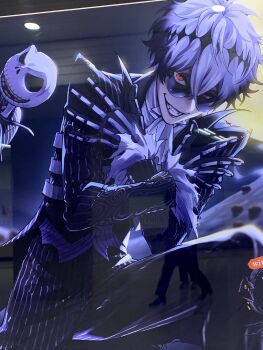 2boys aogiyuki artist_request black_crown check_artist commentary_request crown diamond_hairband formal_clothes highres jack_skellington looking_at_viewer male_focus multiple_boys short_hair skully_j._graves smile suit the_nightmare_before_christmas twisted_wonderland white_hair