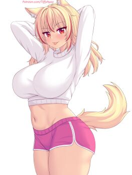 1girl animal_ears arms_behind_head arms_up blonde_hair blush breasts cat_ears cat_girl cat_tail highres large_breasts long_hair long_sleeves looking_at_viewer midriff multicolored_hair navel nottytiffy original pink_shorts red_eyes red_hair shirt short_shorts shorts slit_pupils smile standing streaked_hair tail tiffy_(nottytiffy) tongue tongue_out white_background white_shirt