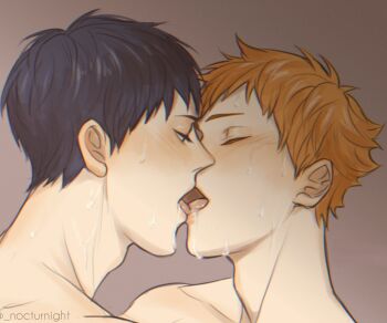 2boys adam&#039;s_apple black_hair blush closed_eyes french_kiss haikyuu!! highres hinata_shouyou kageyama_tobio kiss male_focus multiple_boys nocturnight nude orange_hair saliva short_hair sweat tongue twitter_username yaoi