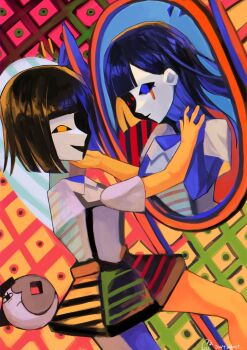 blue_skin colored_skin drunk_ena ena_(drunk)_(joel_g) ena_(ena) ena_(sadder)_(joel_g) ena_(series) ena_(web_series) floating_head highres low_poly moony_(ena) multicolored_skin sadder_ena skirt split-color_skin suspender_skirt suspenders usagimarumei yellow_skin