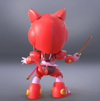 3d animal_ears armor armored_boots armored_gloves armored_legwear blue_gemstone boots breastplate cat cat_ears cat_tail franciscomendoza from_behind full_armor gem grey_background helmet highres holding holding_sword holding_weapon katana kyatto_ninden_teyandee ninjatou pink_fur plate_armor pururun_(kyatto_ninden_teyandee) red_armor scabbard sheath short_sword shoulder_armor simple_background sword tail weapon