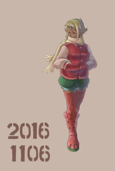 Rule 34 | 1girl, 2016, alternate costume, blonde hair, boots, dark-skinned female, dark skin, dated, female focus, hands in pockets, highres, jacket, lal'c mellk mal, looking to the side, scarf, short hair, solo, tan background, thigh boots, thighhighs, thighs, top wo nerae! (series), top wo nerae 2!, wings, you ming