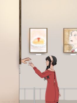 1boy 1girl 646nacho bare_shoulders black_hair blonde_hair blush breasts couple dress earrings hairband hetero highres husband_and_wife jewelry large_breasts long_hair red_sweater shirt short_hair simple_background spy_x_family sweater twilight_(spy_x_family) yor_briar