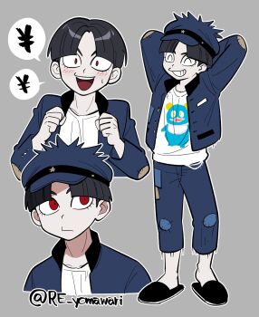 1boy ^_^ arms_behind_back black_hair black_shoes blue_hat blue_jacket blue_pants character_print clenched_hands closed_eyes furukawa_(yomawari) grey_background grin hat highres jacket light_smile looking_at_viewer looking_to_the_side male_focus maruko_gaku multiple_views open_mouth pants parted_bangs patchwork_clothes red_eyes shirt shoes short_hair simple_background smile speech_bubble the_hundred_line_-last_defense_academy- twitter_username white_shirt wide-eyed yen_sign