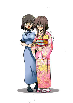 Rule 34 | 2girls, :d, absurdres, brown eyes, brown hair, china dress, chinese clothes, closed mouth, commentary request, dayue, dress, floral print, floral print kimono, full body, hair bun, highres, japanese clothes, kimono, multiple girls, open mouth, original, pink kimono, print kimono, sandals, short hair, simple background, smile, tabi, white background, zouri