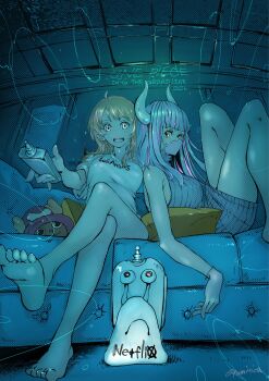 2girls bare_legs bare_shoulders blue_hair breasts commentary controller couch crossed_legs den_den_mushi feet feet_out_of_frame highres holding holding_controller horns illustica_phantom indoors knees_up legs long_hair mask medium_breasts mouth_mask multiple_girls nami_(one_piece) on_couch one_piece open_mouth orange_hair ribbed_sweater shirt short_sleeves sitting sleeveless sleeveless_sweater sweater toes tony_tony_chopper turtleneck turtleneck_sweater ulti_(one_piece) white_shirt