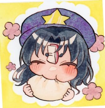 1girl black_hair blush closed_eyes commentary_request eating food hat hat_ornament jiangshi miyako_yoshika newsboy_cap ofuda painting_(medium) pppppks purple_hat short_hair solo star_(symbol) star_hat_ornament steamed_bun thick_eyebrows touhou traditional_media watercolor_(medium) yellow_background